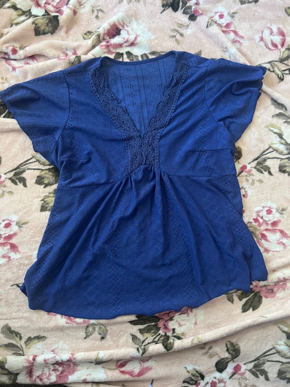 SHEIN Royal Blue Lace-Trim V-Neck Blouse